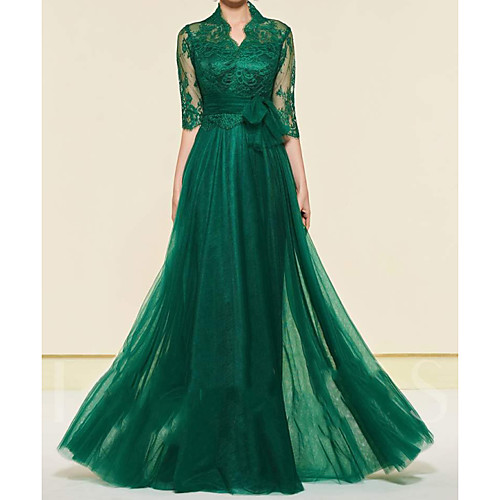 

A-Line High Neck Floor Length Chiffon / Lace Half Sleeve Elegant Mother of the Bride Dress with Lace / Pleats / Appliques Mother's Day 2020