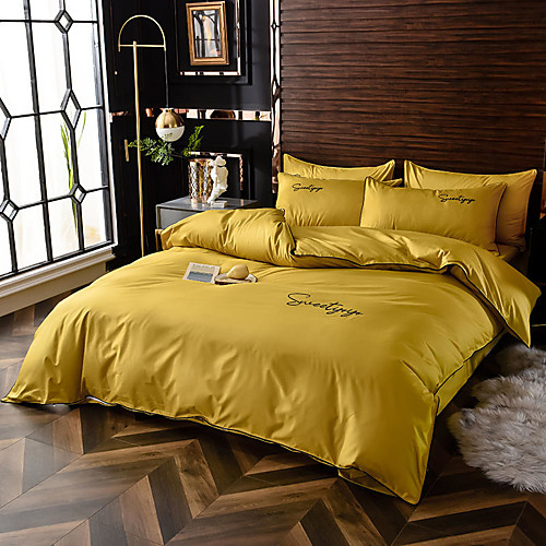 

Simple european-style washed silk cotton bedding embroidery 4-piece set of single and double plain color