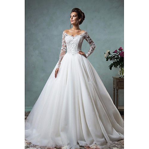 

A-Line Off Shoulder Court Train Lace / Tulle Long Sleeve Formal See-Through Wedding Dresses with Embroidery 2020