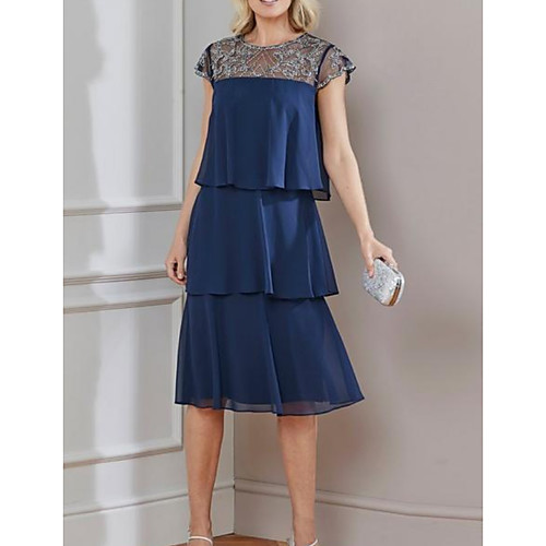 

A-Line Jewel Neck Tea Length / Knee Length Chiffon / Lace Short Sleeve Elegant Mother of the Bride Dress with Appliques / Cascading Ruffles Mother's Day 2020