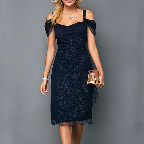 

Women's 2020 Blue Dress Elegant Sophisticated Spring & Summer Sheath Solid Colored Strap Sequins S M / Cotton