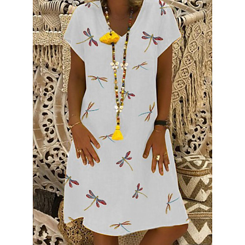 

Women's Shift Dress Knee Length Dress - Short Sleeves Floral Summer Casual 2020 White Blue Yellow Khaki S M L XL XXL XXXL