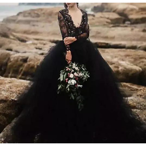 

A-Line Plunging Neck Sweep / Brush Train Polyester Long Sleeve Country Plus Size / Black Wedding Dresses with Lace Insert / Appliques 2020