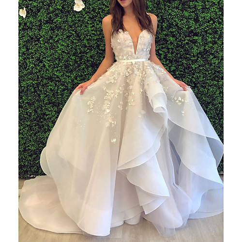 

Ball Gown V Neck / Spaghetti Strap Sweep / Brush Train Lace / Organza Sleeveless Formal Wedding Dresses with Appliques / Cascading Ruffles 2020