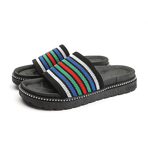 

Women's Slippers & Flip-Flops Summer Flat Heel Open Toe Casual Daily Outdoor Striped Canvas Black / Red / Green / Brown