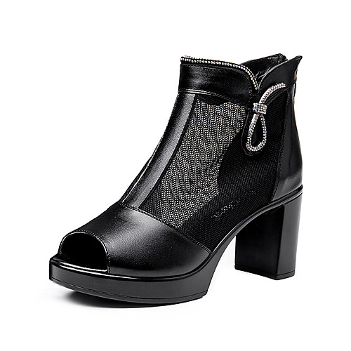 

Women's Heels 2020 Summer Block Heel Open Toe Sweet British Daily Outdoor Nappa Leather / Mesh Walking Shoes Black