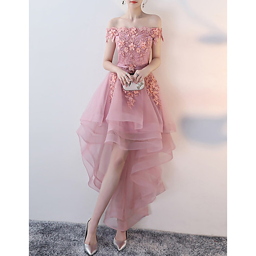 

A-Line Off Shoulder Asymmetrical Tulle Floral / Pink Wedding Guest / Prom Dress with Appliques 2020