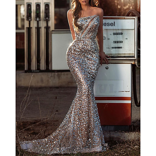 

Mermaid / Trumpet Strapless Sweep / Brush Train Sequined Elegant / Sparkle Party Wear / Formal Evening Dress with Crystals 2020