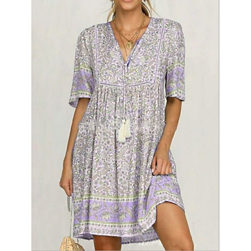 

Women's Mini Shirt Dress - Short Sleeves Print Summer V Neck Casual Loose 2020 Light Brown Purple Yellow Blushing Pink Green S M L XL XXL XXXL