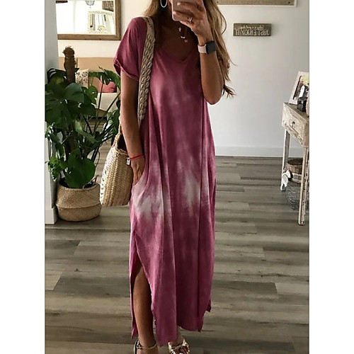 

Women's Shift Dress - Short Sleeves Tie Dye Summer Street chic 2020 Wine Purple Red Yellow Blushing Pink Khaki Green S M L