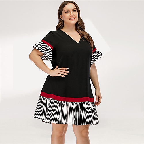 

Women's A Line Dress - Short Sleeves Striped Solid Color Patchwork Summer Casual Elegant Daily Going out Flare Cuff Sleeve 2020 Black L XL XXL XXXL XXXXL