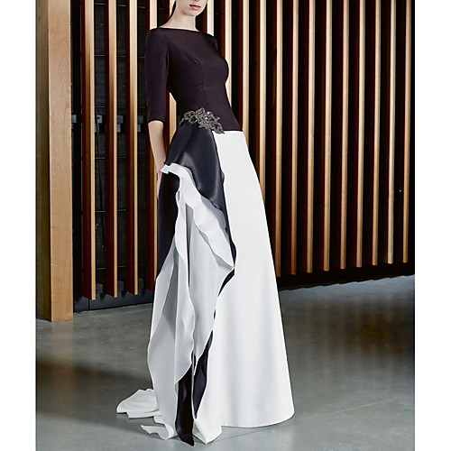 

A-Line Jewel Neck Sweep / Brush Train Satin Half Sleeve Elegant Mother of the Bride Dress with Beading Mother's Day 2020