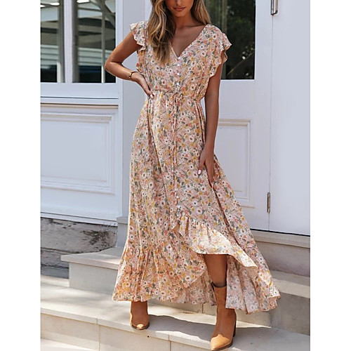 

Women's 2020 Asymmetrical Blushing Pink Summer Dress Boho Sheath Floral Print Butterfly Sleeves V Neck Print S M