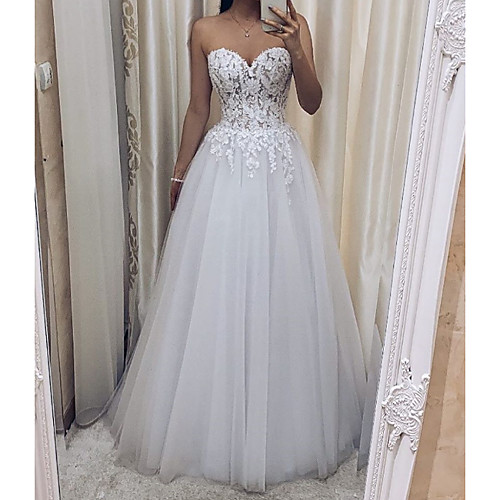 

A-Line Strapless / V Neck Sweep / Brush Train Lace / Tulle Sleeveless Sexy See-Through Wedding Dresses with Embroidery 2020