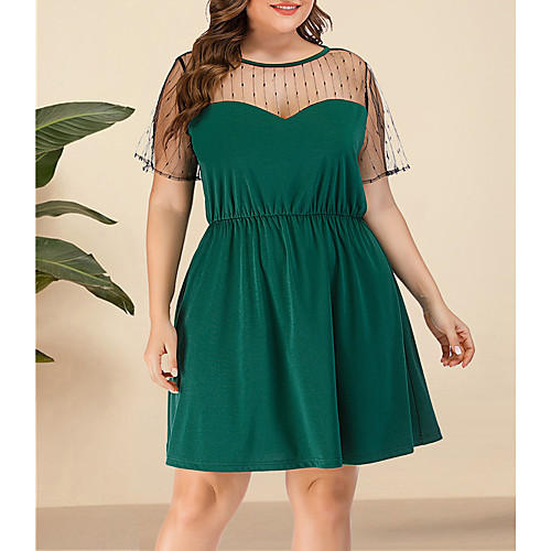 

Women's Plus Size A Line Dress - Short Sleeves Solid Color Lace Mesh Summer V Neck Casual Street chic Daily Going out Belt Not Included Loose 2020 Green L XL XXL XXXL XXXXL