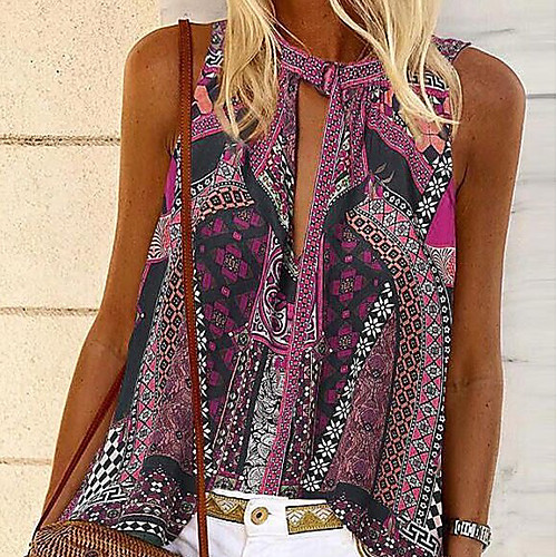 

Women's Geometric Blouse Halter Neck Daily Summer Blue Purple Brown S M L XL
