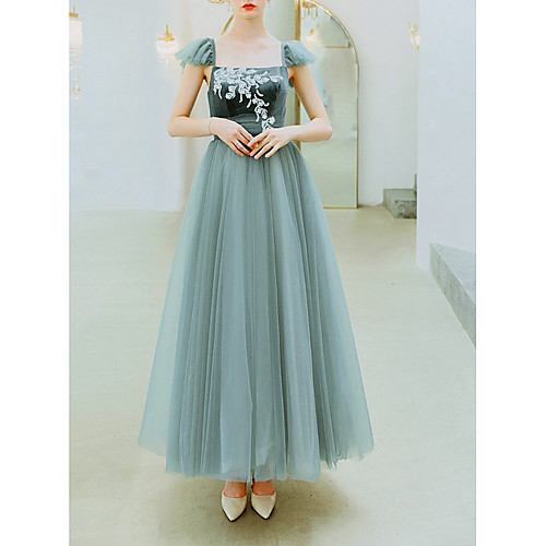 

A-Line Scoop Neck Floor Length Organza Elegant / Green Prom / Formal Evening Dress with Appliques 2020