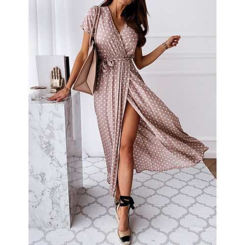 

Women's 2020 Maxi Blushing Pink Green Dress Casual Sexy A Line Sundress Polka Dot V Neck S M