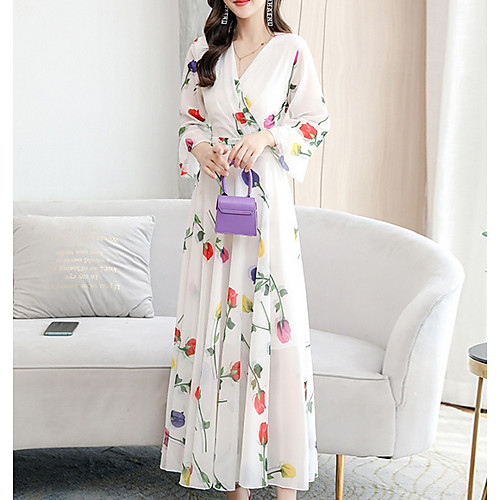 

Women's A Line Dress - 3/4 Length Sleeve Floral Summer V Neck Street chic 2020 Purple Red S M L XL XXL XXXL