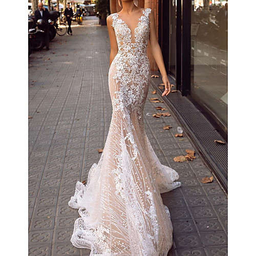 

Mermaid / Trumpet V Neck Sweep / Brush Train Lace / Tulle Sleeveless Sexy See-Through Wedding Dresses with Embroidery 2020