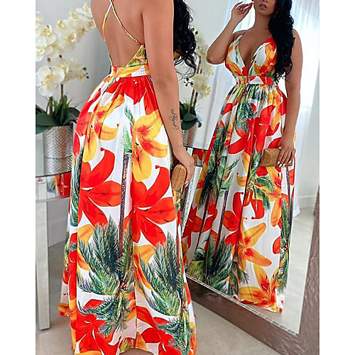 

Women's Maxi long Dress A-Line Dress - Sleeveless Floral Summer Sexy 2020 Orange M L XL