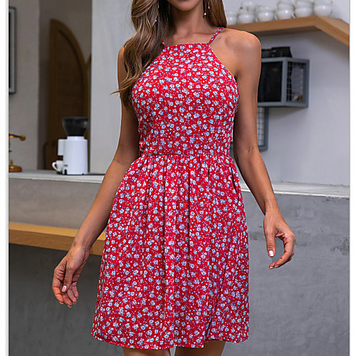 

Women's 2020 Red Dress Elegant Mumu Summer Going out Beach A Line Sundress Floral Zipper Print S M