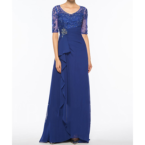 

Sheath / Column V Neck Sweep / Brush Train Chiffon / Lace Short Sleeve Elegant Mother of the Bride Dress with Lace / Appliques / Side Draping Mother's Day 2020