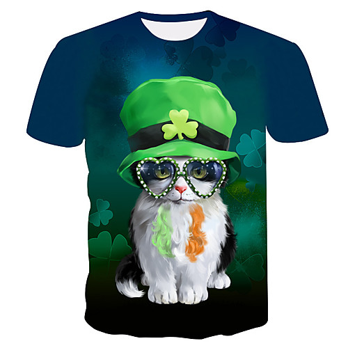 

Men's 3D Tie Dye Cat Print T-shirt Street chic Exaggerated Daily Holiday Round Neck Rainbow / Short Sleeve / Animal