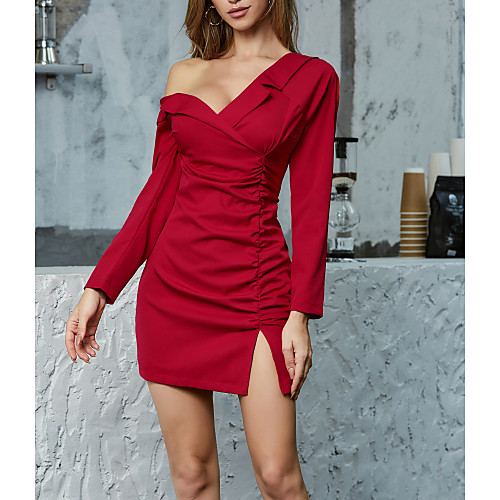 

Women's 2020 Red Dress Work Elegant Spring Daily Weekend Shift Solid Color Puff Sleeve Patchwork S M