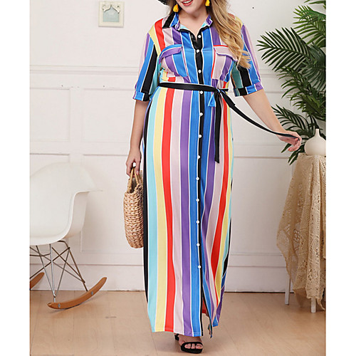 

Women's Shirt Dress - Half Sleeve Striped Color Block Summer Casual Elegant 2020 Rainbow L XL XXL XXXL XXXXL