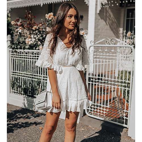 

Women's Mini Lace Dress - Half Sleeve Solid Color Summer V Neck Elegant 2020 White S M L XL