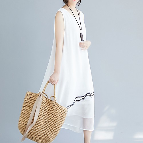 

Women's Maxi Sundress Dress - Sleeveless Striped Summer Vintage Chinoiserie Loose 2020 White Black Red M L XL XXL