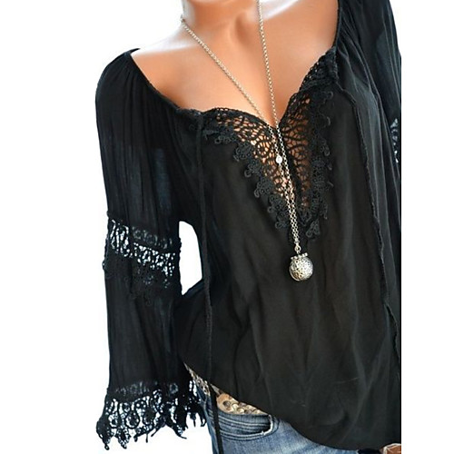 

Women's Daily Plus Size Blouse - Geometric / Color Block Lace / Fashion / Hollow V Neck Blushing Pink / Spring / Summer / Fall / Winter