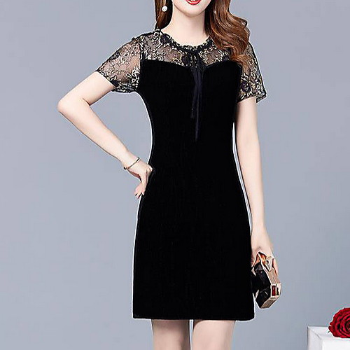 

Women's A Line Dress - Short Sleeves Solid Color Lace Summer Casual 2020 Black L XL XXL XXXL