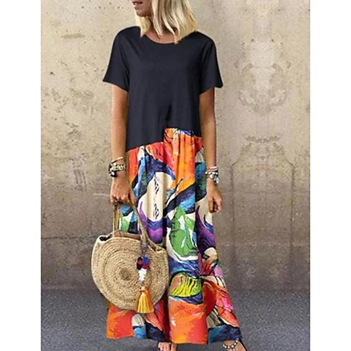 

Women's Shift Dress Maxi long Dress - Short Sleeves Print Color Block Summer Casual Mumu 2020 Black S M L XL XXL XXXL XXXXL XXXXXL