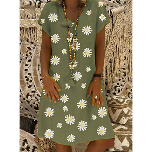 

Women's Linen Yellow Khaki Summer Dress Casual Shift Floral S M