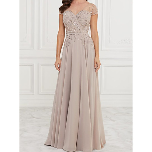 

A-Line V Neck Floor Length Chiffon / Lace Short Sleeve Elegant Mother of the Bride Dress with Pleats / Beading / Sequin Mother's Day 2020