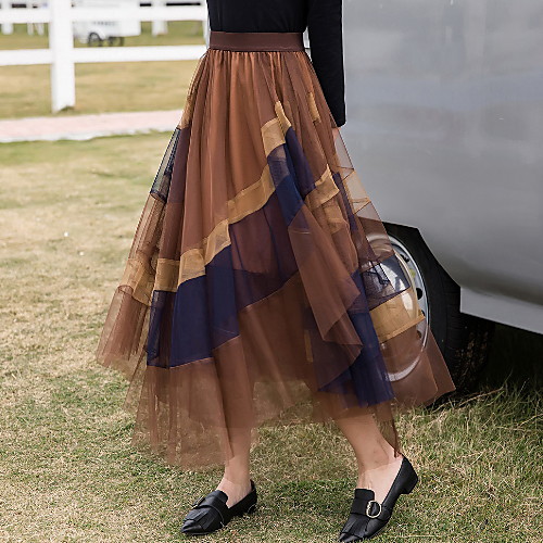 

Women's Daily Wear Basic A Line Skirts - Geometric Pleated / Patchwork Brown M L