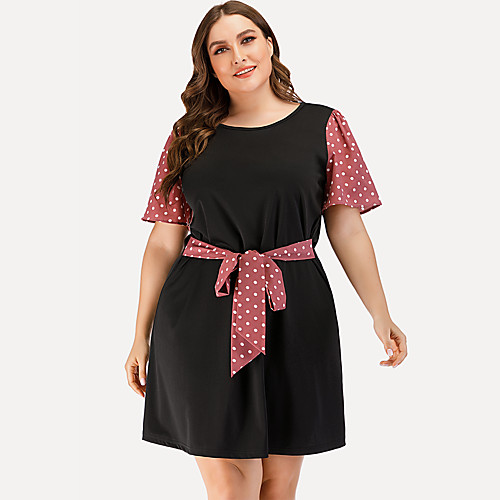 

Women's Plus Size A Line Dress - Short Sleeves Polka Dot Solid Color Patchwork Summer Casual Elegant Daily Going out 2020 Black L XL XXL XXXL XXXXL