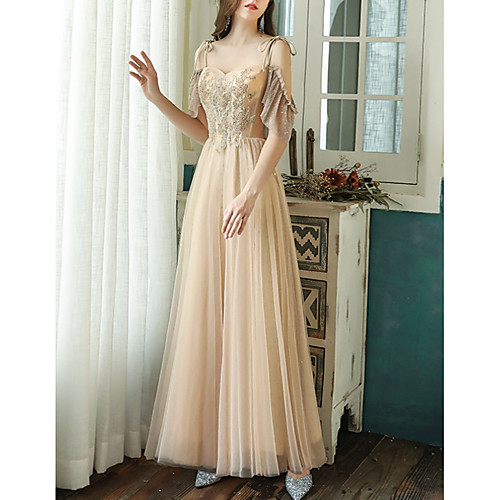 

A-Line Spaghetti Strap Floor Length Tulle Elegant / Glittering Wedding Guest / Formal Evening Dress with Sequin 2020