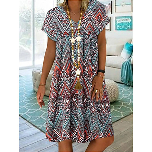

Women's A Line Dress - Short Sleeves Print Summer V Neck Casual Vintage Daily Belt Not Included Oversized 2020 Blue Red S M L XL XXL XXXL XXXXL XXXXXL