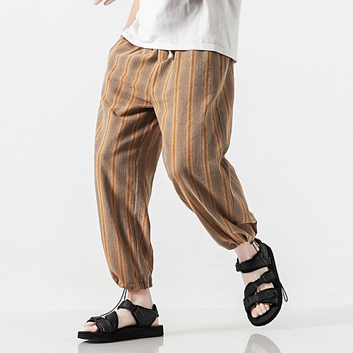 

Men's Sporty / Chinoiserie Chinos Pants - Striped Drawstring Comfort Khaki Brown Gray US32 / UK32 / EU40 US34 / UK34 / EU42