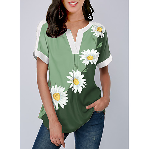 

Women's Color Block Graphic Daisy Blouse - Print Round Neck Basic Daily Green M L XL 2XL 3XL