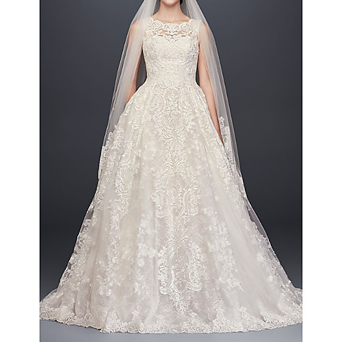 

A-Line Jewel Neck Sweep / Brush Train Lace / Tulle Sleeveless Romantic Wedding Dresses with Embroidery 2020