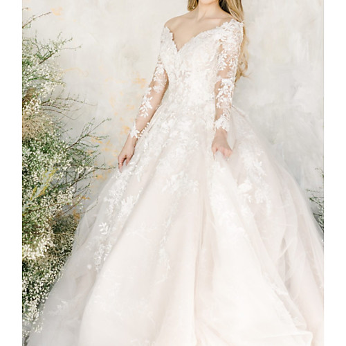 

A-Line V Neck Court Train Lace / Tulle / Chiffon Over Satin Long Sleeve Formal / Sexy Illusion Sleeve Wedding Dresses with Embroidery 2020