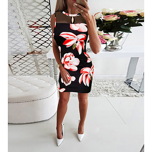 

Women's Sheath Dress Knee Length Dress - Sleeveless Floral Summer Street chic 2020 Blue Red Blushing Pink S M L XL XXL