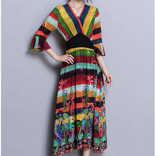 

Women's Maxi Tunic Dress - 3/4 Length Sleeve Color Block V Neck Loose Rainbow S M L XL XXL