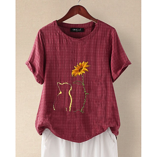 

Women's Floral Cat Print T-shirt Basic Daily Wine / Royal Blue
