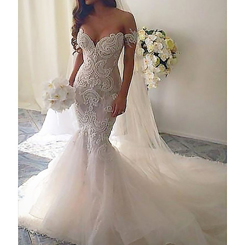 

Mermaid / Trumpet V Neck Court Train Lace / Tulle Short Sleeve Romantic See-Through Wedding Dresses with Embroidery 2020