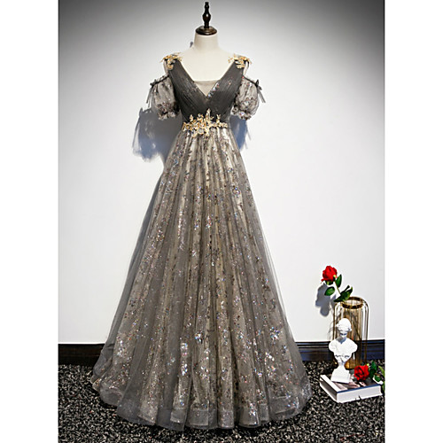 

A-Line V Neck Floor Length Tulle Glittering / Luxurious Engagement / Formal Evening Dress with Sequin 2020
